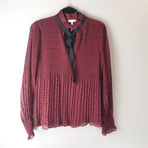 Max Studio Pleated Swiss Dot Burgundy Necktie Blouse, S